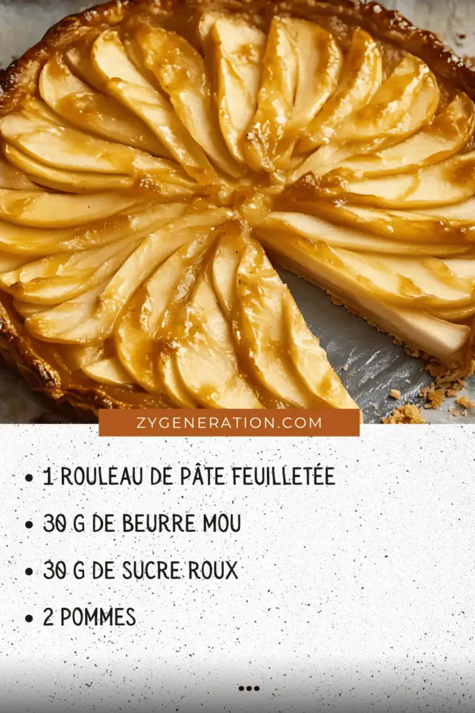 Une tarte fine aux pommes dorée, garnie de tranches de pommes finement disposées en rosace, servie sur une assiette élégante.