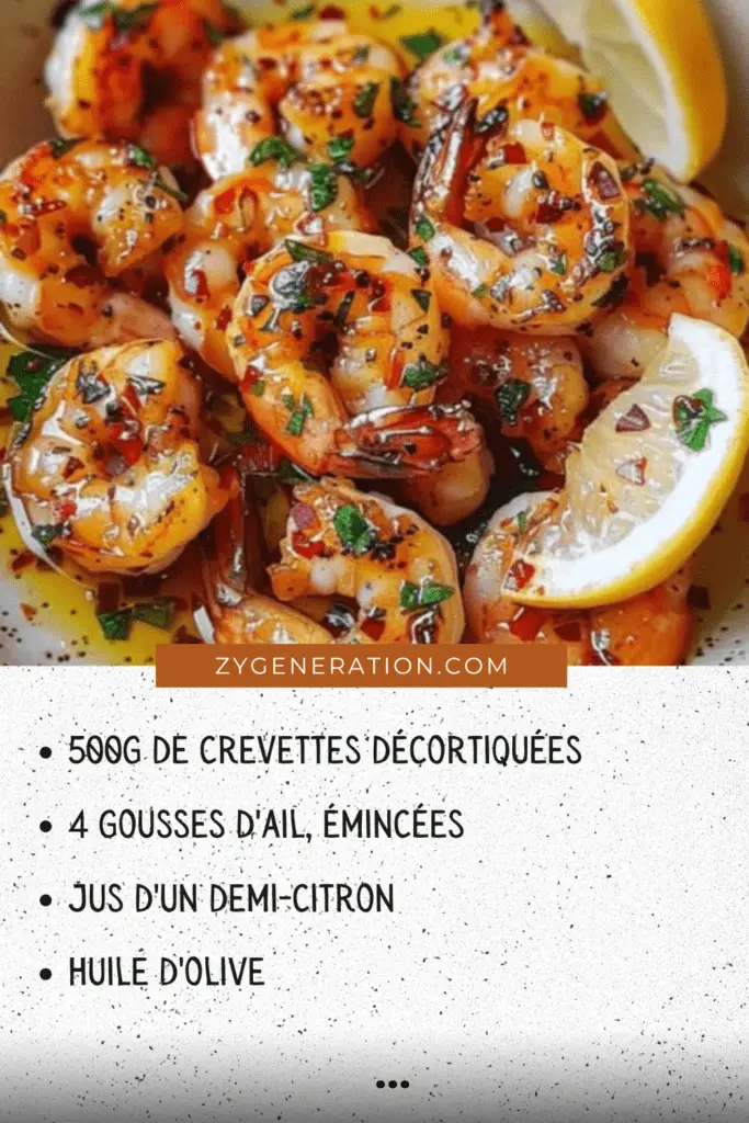  Assiette de crevettes sautées à l’ail et au persil, servie avec des quartiers de citron et un accompagnement de riz.