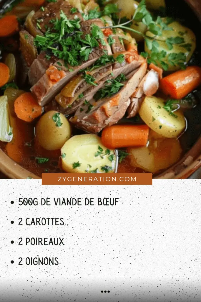 Pot-au-feu léger avec des légumes colorés et du bœuf tendre, servi dans une cocotte fumante avec des accompagnements.