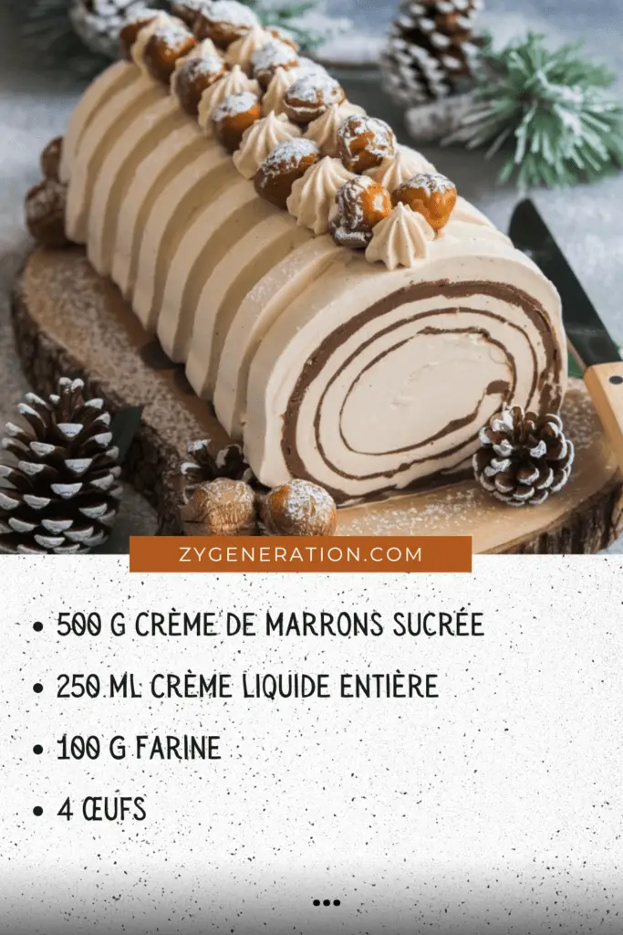 Une bûche glacée aux marrons décorée de marrons glacés, copeaux de chocolat et sucre glace, servie sur une table festive de Noël.