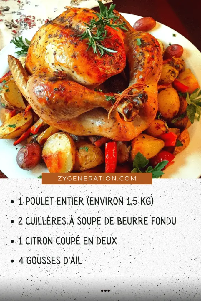 Poulet rôti doré accompagné de légumes rôtis colorés (pommes de terre, carottes et poivrons) servi dans un plat rustique, idéal pour un repas familial festif.