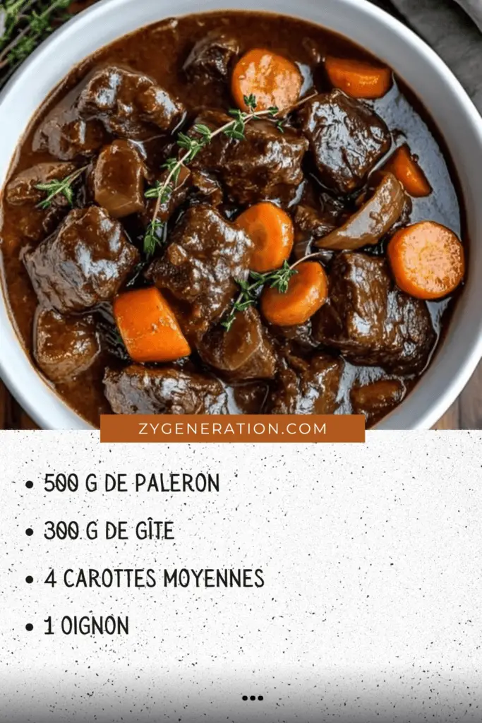 Un plat de bœuf bourguignon mijoté, servi chaud avec des légumes et un bouillon parfumé.