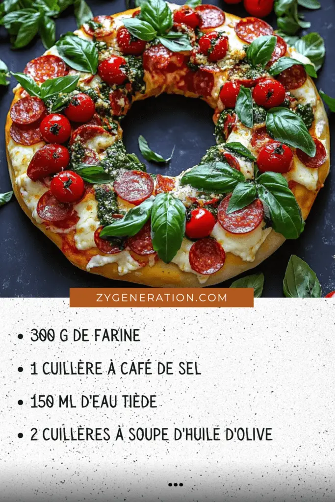 Couronne festive de pâte à pizza garnie de mozzarella, pepperoni, tomates cerises et pesto, servie chaude sur une planche en bois avec des feuilles de basilic frais.