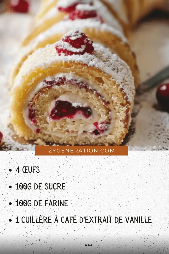 Gâteau roulé suisse moelleux, garni de confiture et saupoudré de sucre glace, présenté sur un plateau avec des baies fraîches en décoration.