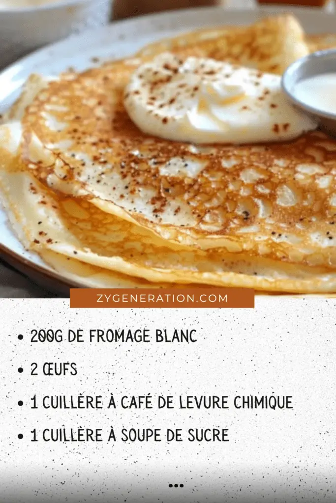 Crêpes dorées au fromage blanc sans farine, garnies de fruits frais et d’un filet de sirop d’érable, servies sur une assiette blanche avec des baies en décoration.