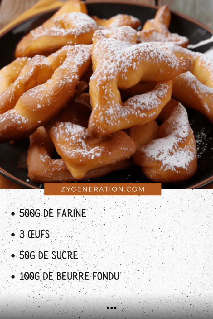 Bugnes dorées et torsadées, saupoudrées de sucre glace, présentées sur une assiette rustique avec une tasse de thé et des tranches de citron en arrière-plan.