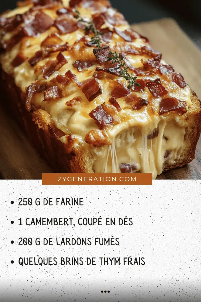 Une tranche de cake camembert lardons dorée et moelleuse, servie avec une salade verte et du thym frais.

