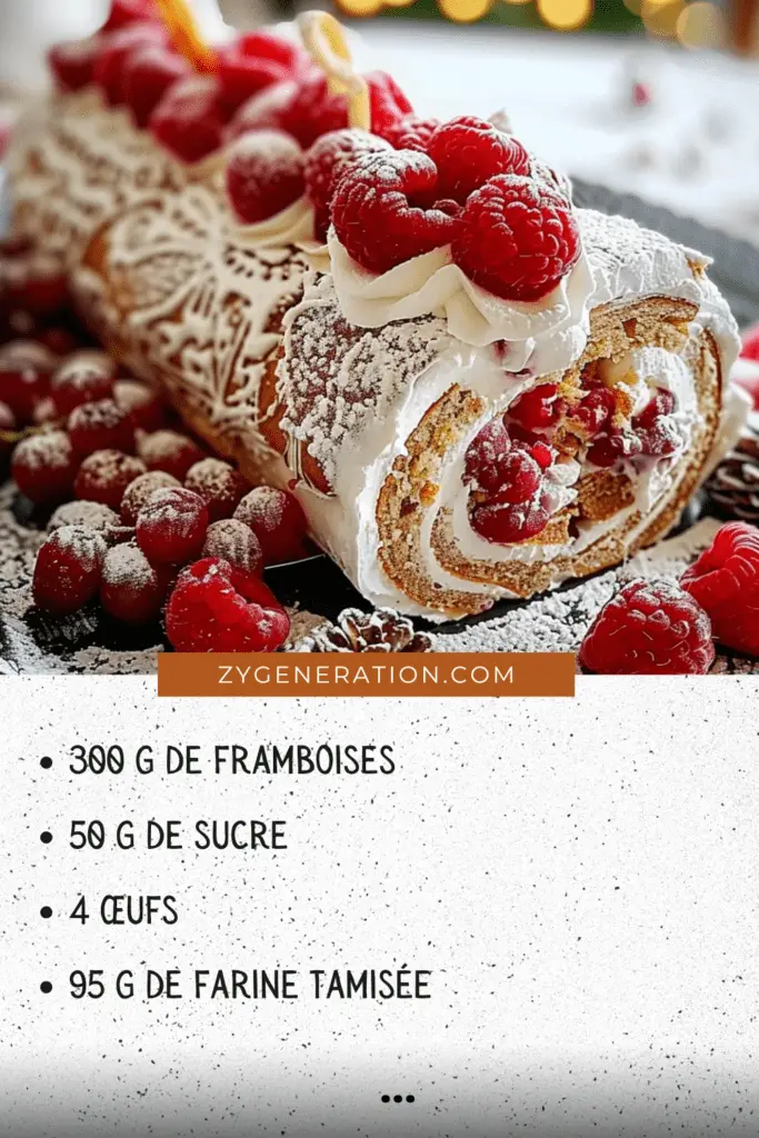 Bûche de Noël aux framboises décorée avec crème et fruits rouges