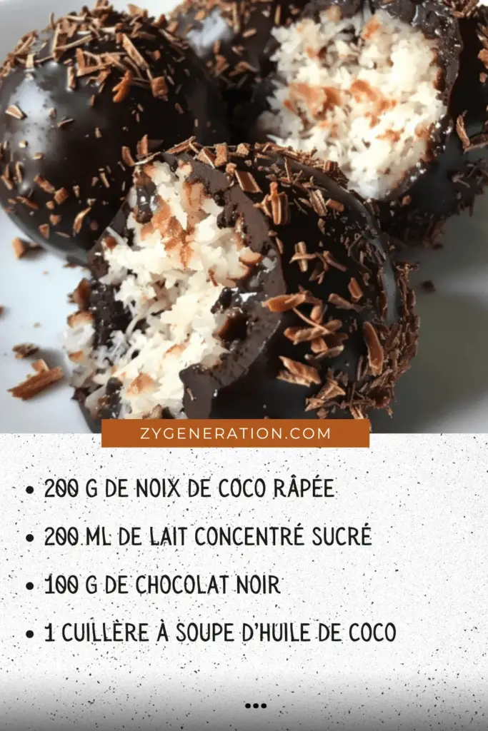 Boules de noix de coco enrobées de chocolat fondu disposées sur un plateau