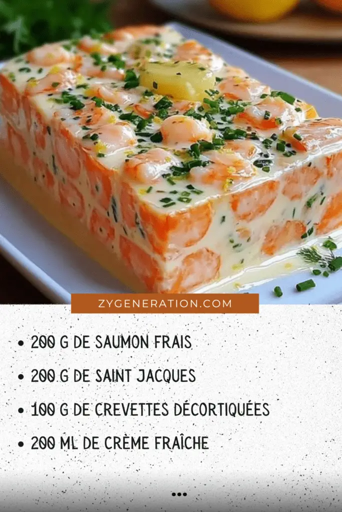 Terrine de Saint Jacques, saumon et crevettes, servie avec une salade verte et un filet de citron