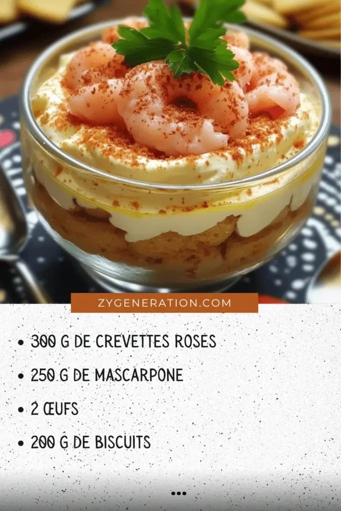 Tiramisu aux crevettes roses présenté en verrines avec une garniture de paprika et ciboulette

