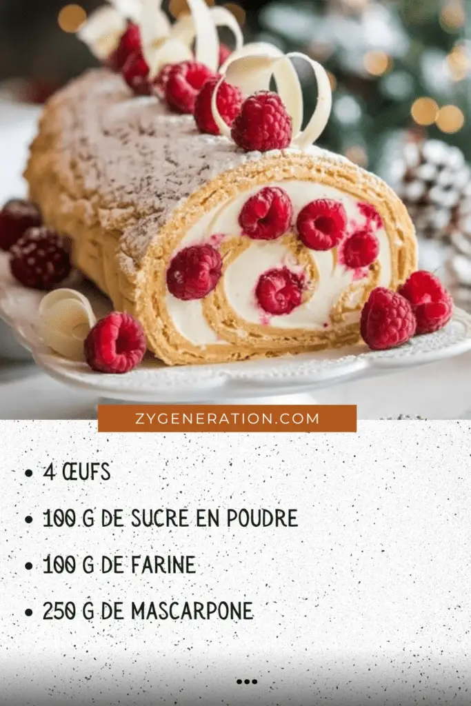 Bûche roulée au mascarpone et framboises décorée avec des framboises fraîches et du sucre glace