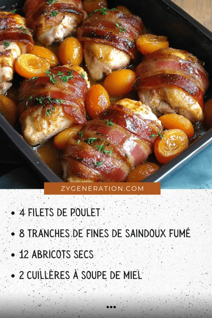  Poulet rôti enveloppé de saindoux fumé, accompagné d'abricots confits et de thym