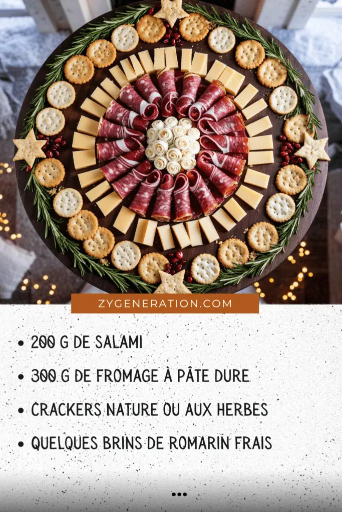 Couronne festive de charcuterie et fromage décorée de romarin, canneberges et crackers