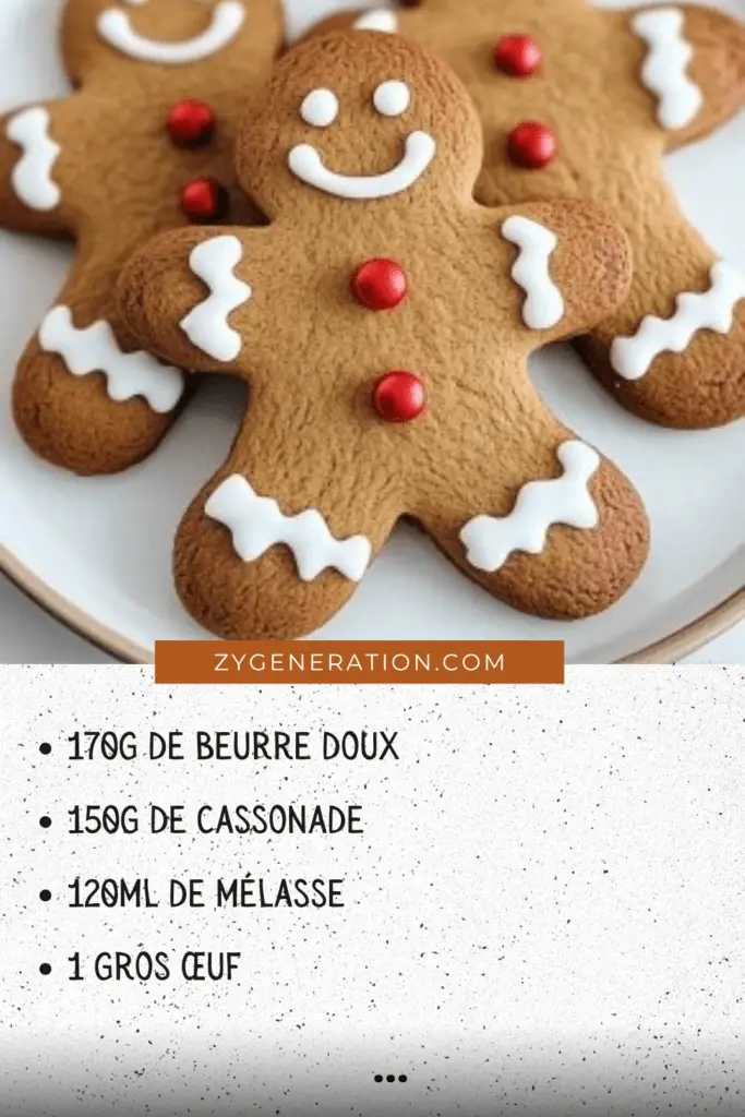 Biscuits bonshommes de Noël en pain d’épices décorés avec du glaçage blanc et des perles de sucre.