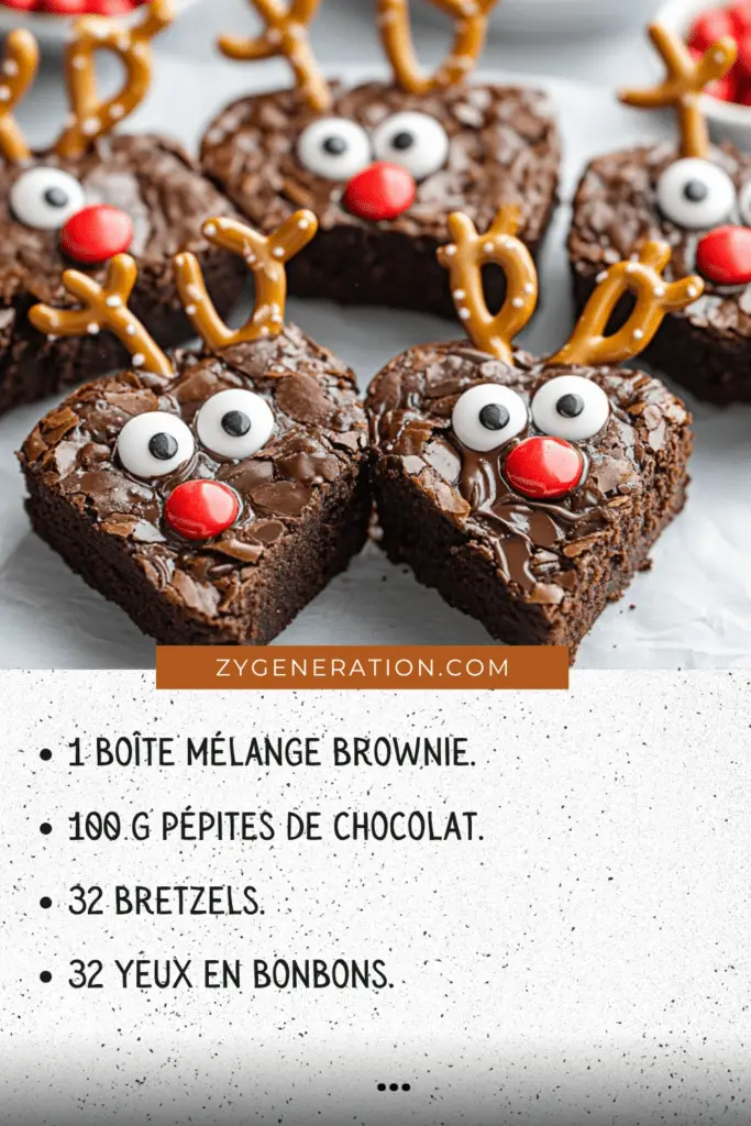 Brownies festifs en forme de rennes avec bois en bretzels, yeux en bonbons et nez rouges en Smarties, présentés sur une assiette de Noël.