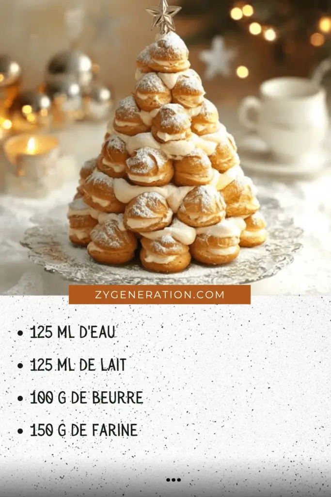 Sapin de Noël des profiteroles décoré de sucre glace et de perles colorées