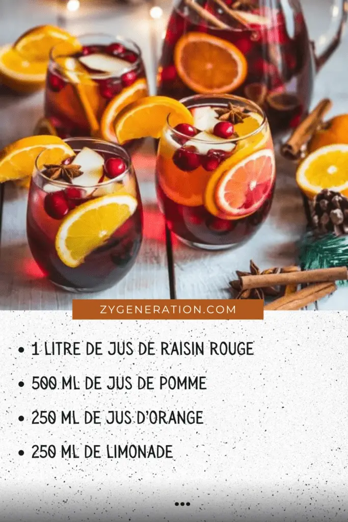 Verres de sangria de Noël sans alcool décorés avec des fruits, épices, et feuilles de menthe.