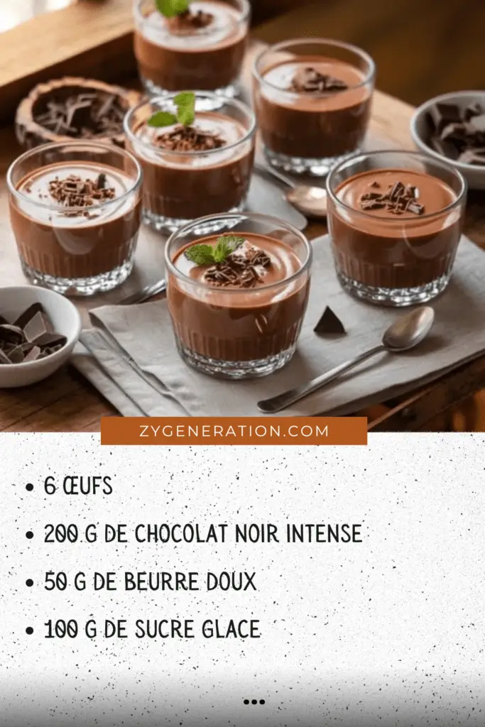 Verrines de mousse au chocolat aérienne décorées de copeaux de chocolat noir et de feuilles de menthe.