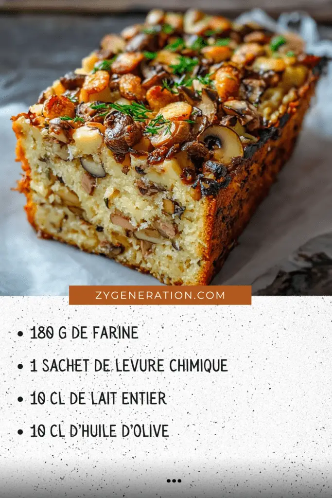 Tranches de cake aux champignons, comté et noisettes servies sur une planche en bois avec des herbes fraîches.