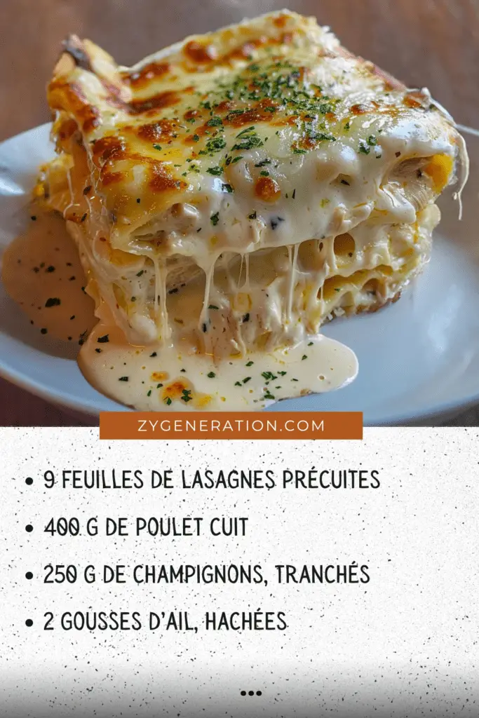 Plat de lasagnes au poulet et sauce blanche gratinées avec une croûte dorée et fromage fondu.