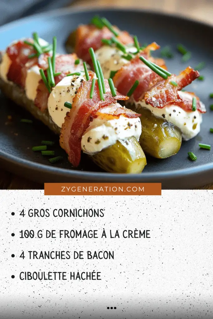 Cornichons garnis au fromage à la crème, enroulés de bacon croustillant et garnis de ciboulette fraîche