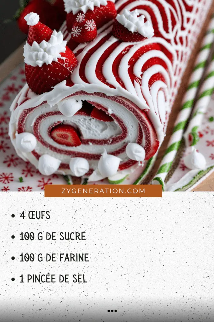 Bûche aux fraises et chantilly décorée avec des fraises fraîches et des touches festives de chantilly.
