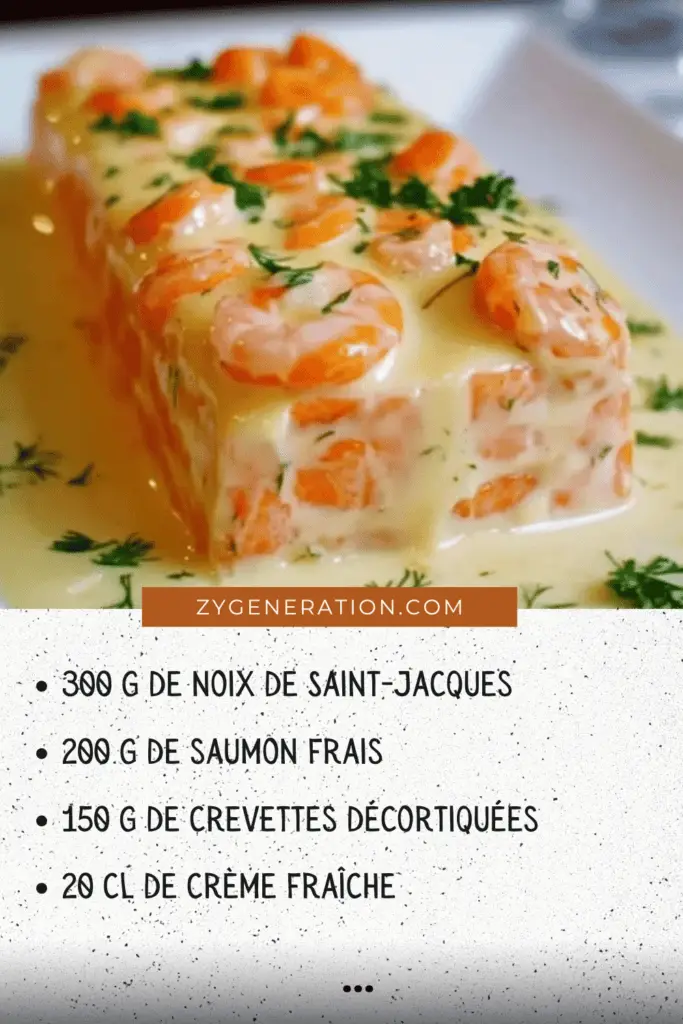 Une terrine élégante de Saint-Jacques, saumon et crevettes, tranchée et servie avec une crème citronnée et des brins d'aneth.