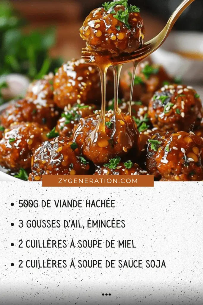 Boulettes de viande au miel et à la sauce soja, servies avec du riz et des légumes sautés, joliment présentées dans une assiette garnie de persil frais.