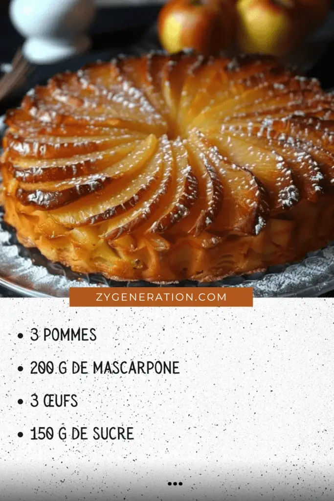 Gâteau fondant aux pommes et mascarpone, saupoudré de sucre glace, avec des tranches de pommes dorées sur le dessus, présenté sur une assiette blanche élégante.