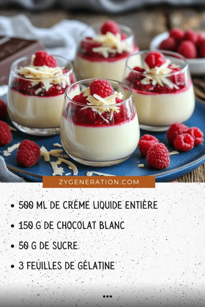 Verrine de panna cotta au chocolat blanc, surmontée d’un coulis de framboises lisse et décorée de framboises fraîches et de copeaux de chocolat blanc.