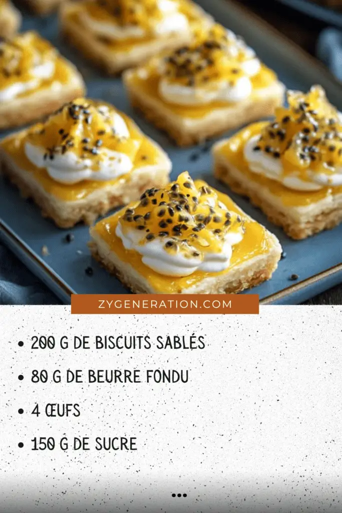 Carrés au fruit de la passion avec une base sablée croustillante, surmontés de crème onctueuse au fruit de la passion, garnis de chantilly et de pulpe fraîche.