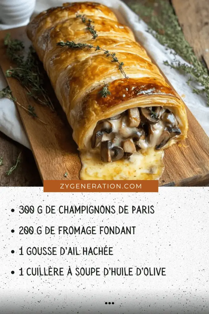 Feuilleté doré et croustillant aux champignons et fromage fondant, présenté sur une assiette avec une garniture de salade verte fraîche.