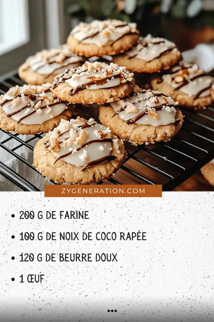 Biscuits sablés coco recouverts de chocolat blanc et noir, décorés de noix de coco râpée et d’éclats de noisettes, présentés sur une assiette élégante.