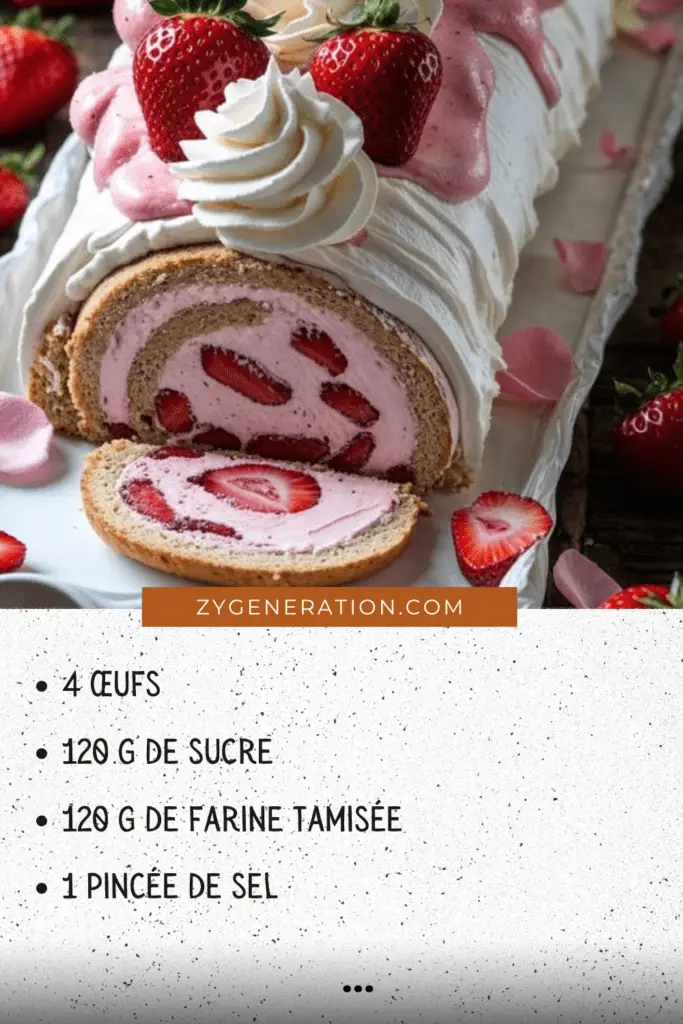 Bûche glacée aux fraises garnie de chantilly et de fraises fraîches, décorée avec des copeaux de chocolat blanc, présentée sur un plat élégant.