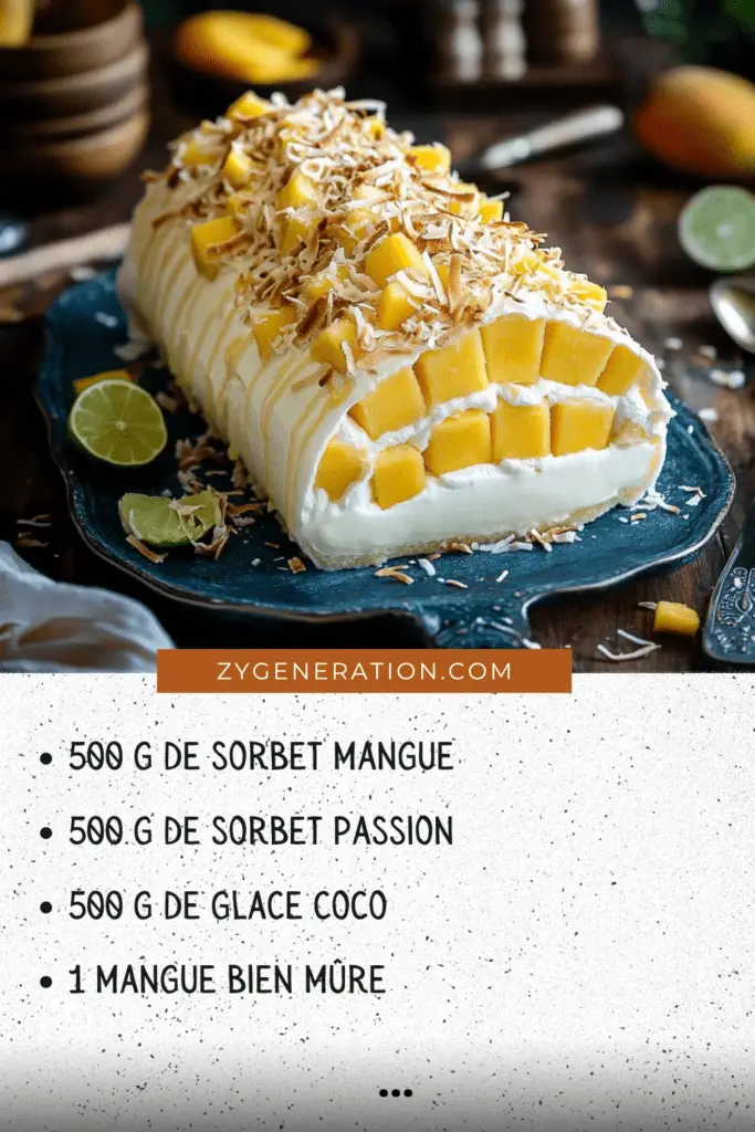 Bûche Exotique glacée mangue, passion et coco, décorée de zestes de citron vert et d’éclats de noix de coco, servie sur un plat blanc lumineux.