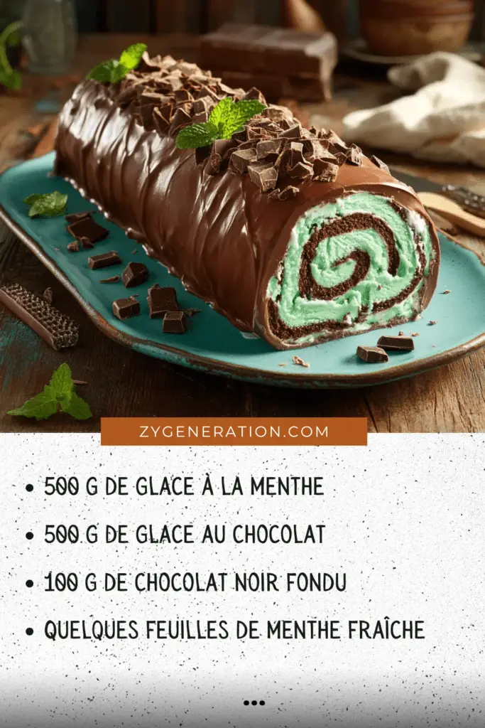 Bûche glacée menthe-chocolat, nappée de chocolat noir fondu, décorée de copeaux de chocolat et de feuilles de menthe fraîche, présentée sur un plat élégant.