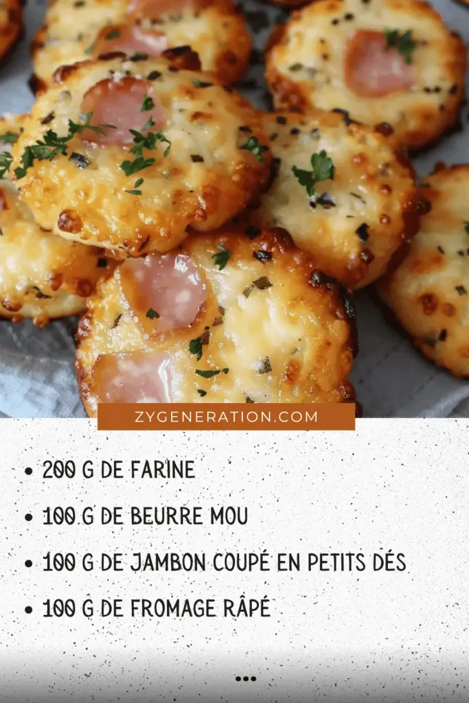 Des cookies dorés et croustillants, garnis de jambon et de fromage, disposés sur une assiette pour un apéritif convivial.