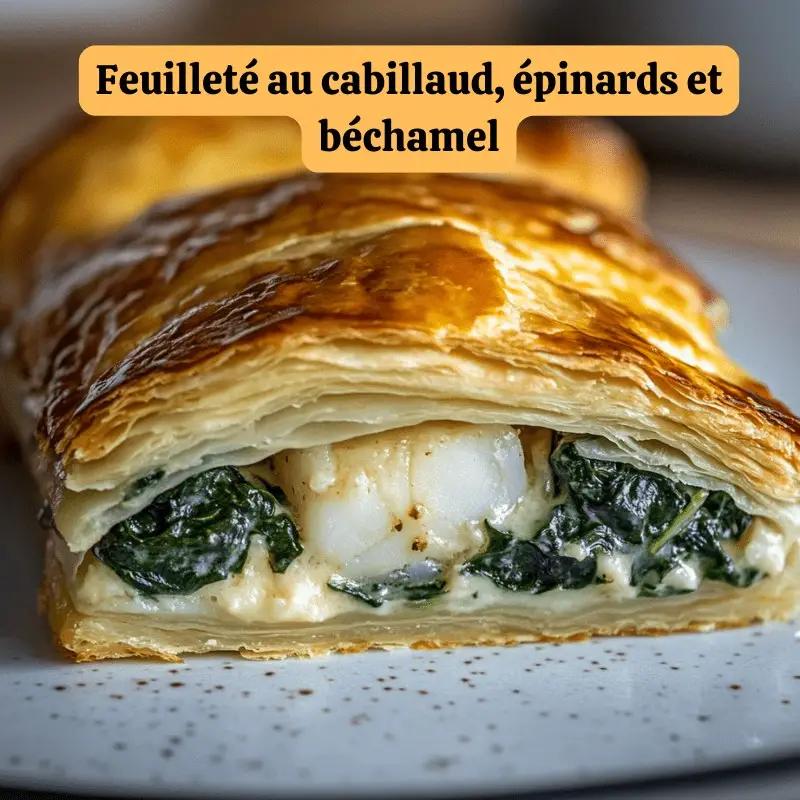 Feuilleté doré et croustillant au cabillaud, épinards et béchamel, servi avec une salade verte et des légumes vapeur.