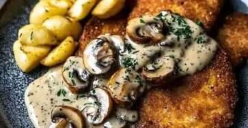 Escalope panée dorée servie avec une sauce aux champignons crémeuse et des spätzle, garnie de persil frais.