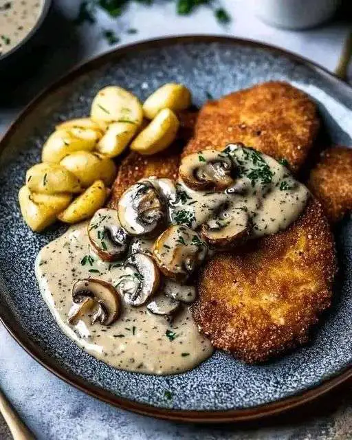 Escalope panée dorée servie avec une sauce aux champignons crémeuse et des spätzle, garnie de persil frais.