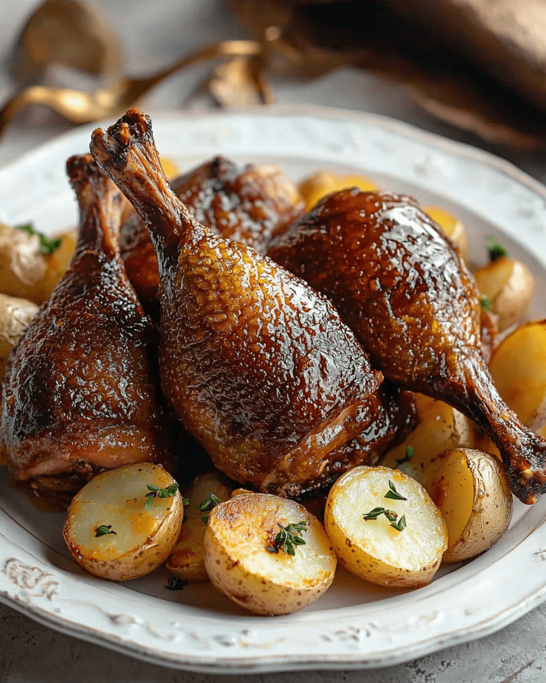 Confit de canard maison, joliment doré, accompagné de pommes de terre sautées et d’herbes fraîches