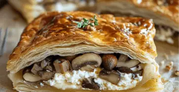 Feuilleté végétarien doré et croustillant garni de champignons, ricotta et noix, servi avec une salade verte croquante.