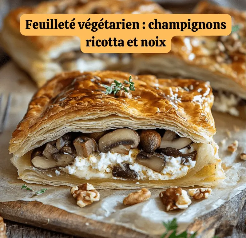 Feuilleté végétarien doré et croustillant garni de champignons, ricotta et noix, servi avec une salade verte croquante.