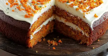 Gâteau rustique aux carottes et noix, garni d’un glaçage léger au yaourt, sur une assiette en bois rustique.