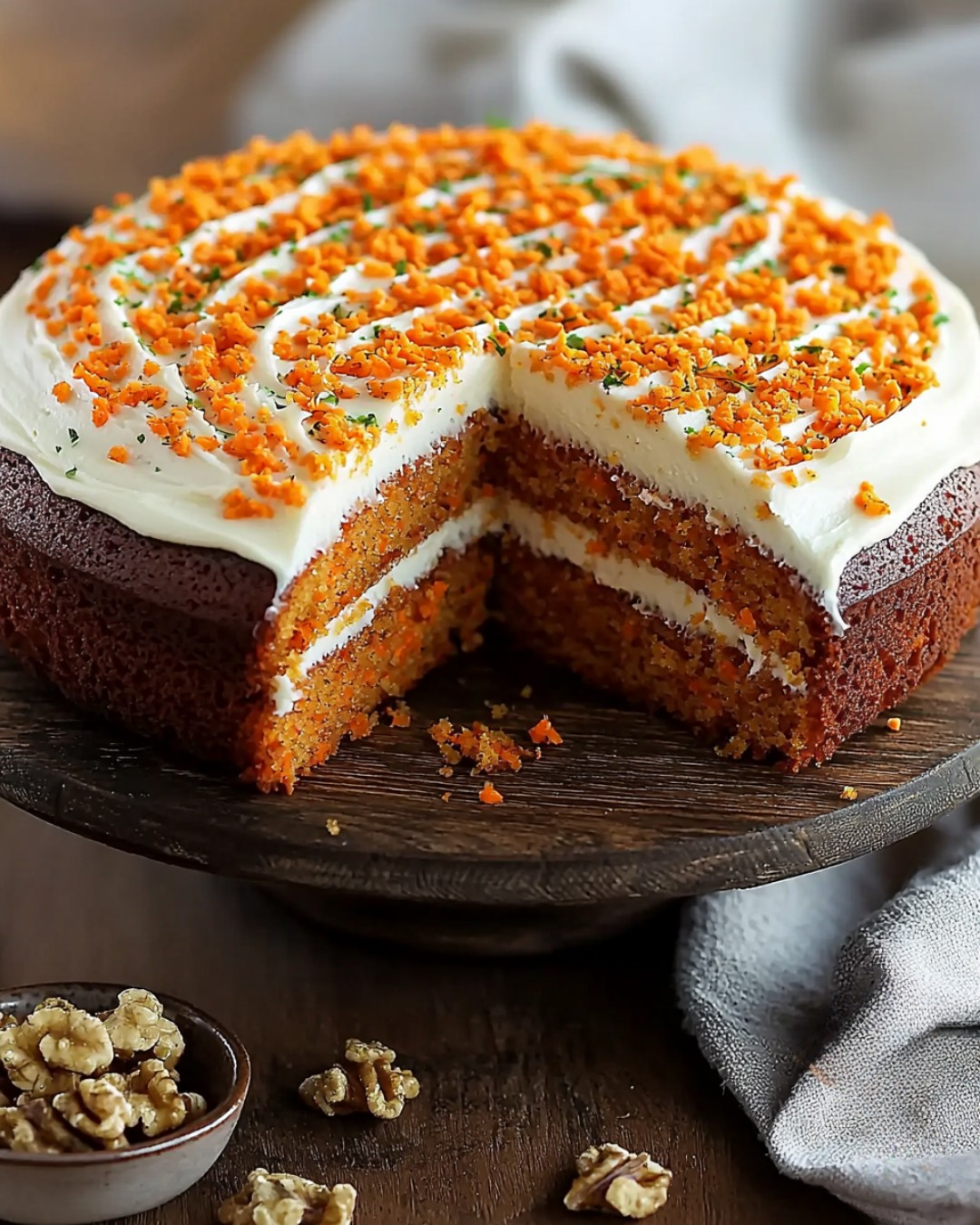 Gâteau rustique aux carottes et noix, garni d’un glaçage léger au yaourt, sur une assiette en bois rustique.