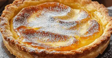 Tarte fondante à la crème vanillée dorée, garnie d’amandes effilées et de sucre glace, servie sur une assiette élégante.