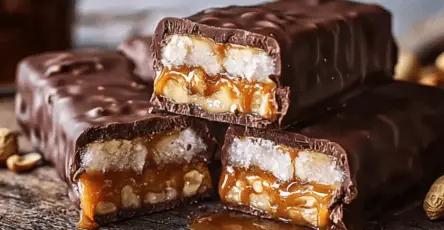 Barres glacées maison façon Snickers, enrobées de chocolat et garnies de caramel et cacahuètes.