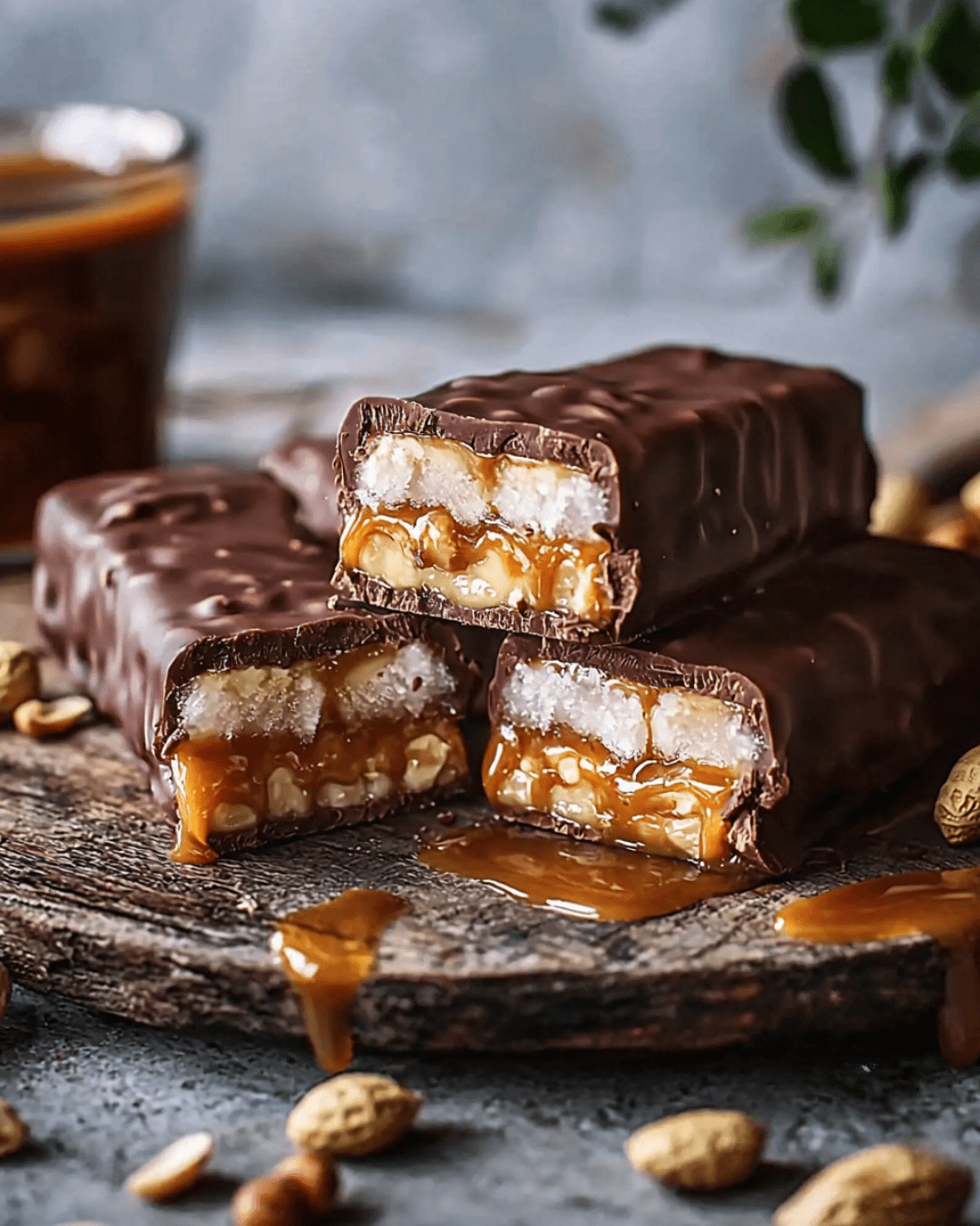 Barres glacées maison façon Snickers, enrobées de chocolat et garnies de caramel et cacahuètes.