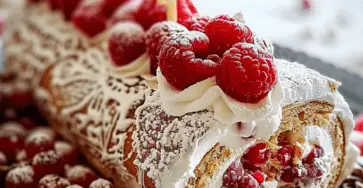 Bûche de Noël aux framboises décorée avec crème et fruits rouges